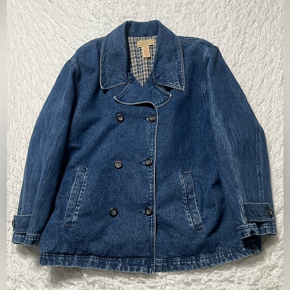 TELLURIDE CLASSIC BLUE DENIM WOMENS VINTAGE BARN JACKET, DOUBLE BREASTED SIZE 16 - Picture 1 of 7